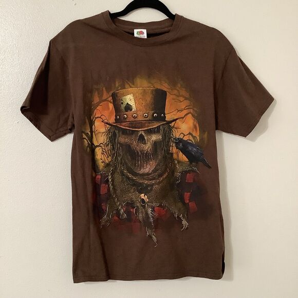 Brown Y2K Halloween Spooky Scary Horror Haunted Scarecrow Graphic Tee Men's M - Picture 1 of 8
